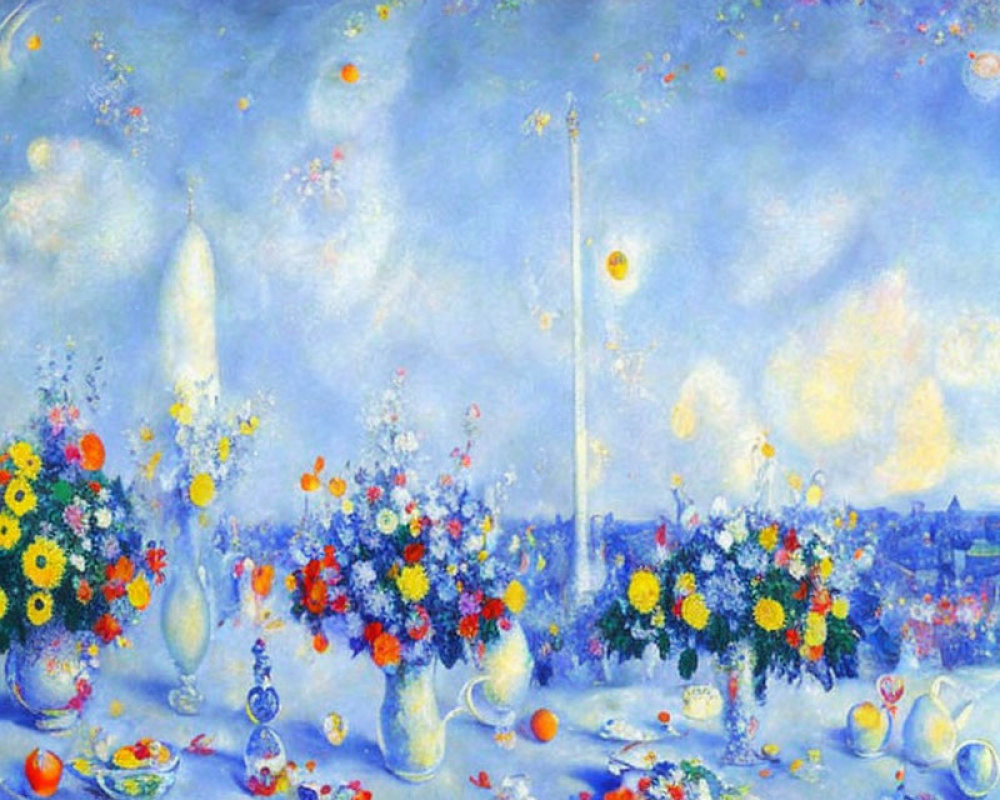 Vibrant flowers, floating orbs, rockets in dreamlike painting