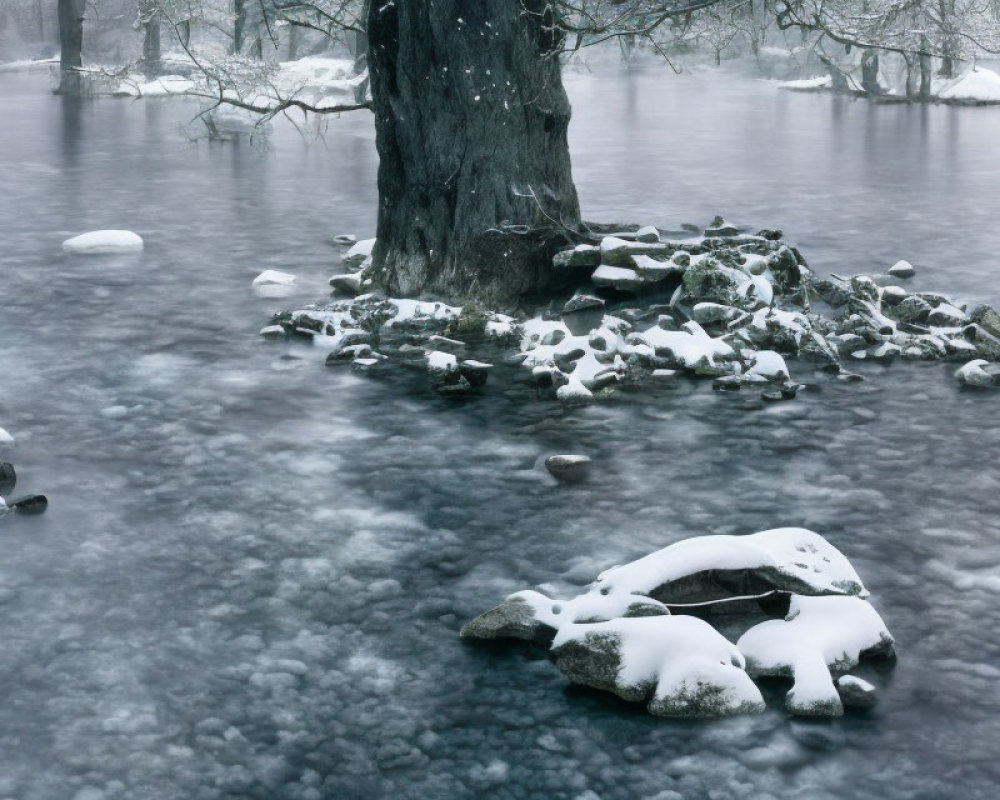 Snow-covered tree by misty icy river with rocks in winter