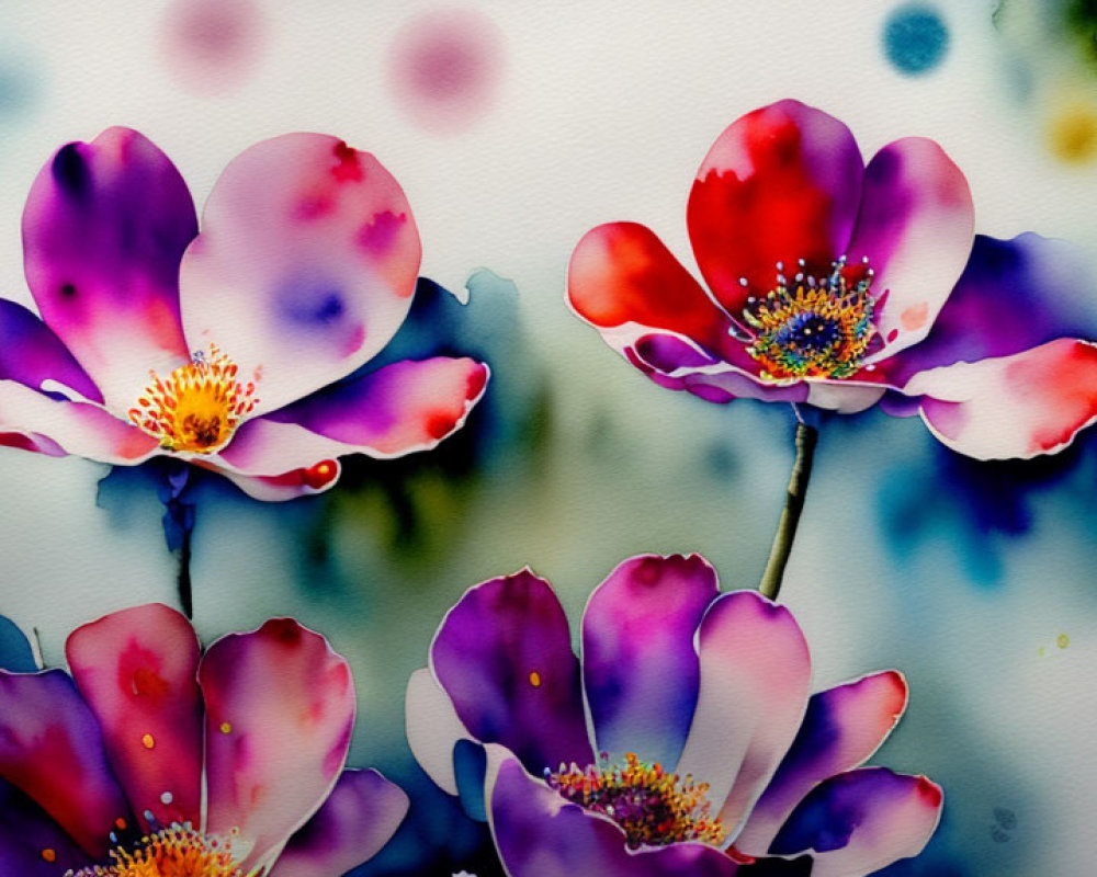 Colorful Watercolor Painting of Purple and Red Flowers on Abstract Background