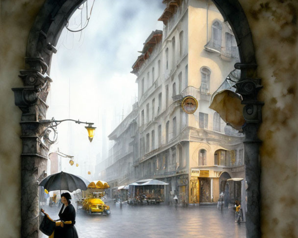 Vintage street scene with couple in period attire and yellow taxis under glowing streetlights on misty day