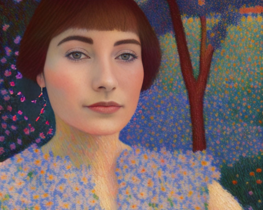 Woman with Bob Haircut in Pointillist Floral Background