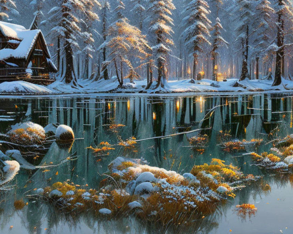 Snow-covered cabin by reflective lake in tranquil winter scene