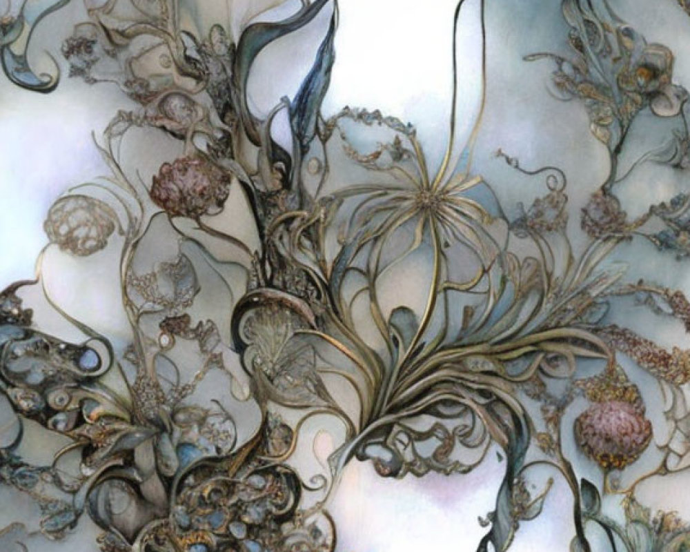 Detailed Floral Fantasy Illustration in Muted Blues, Browns, and Grays