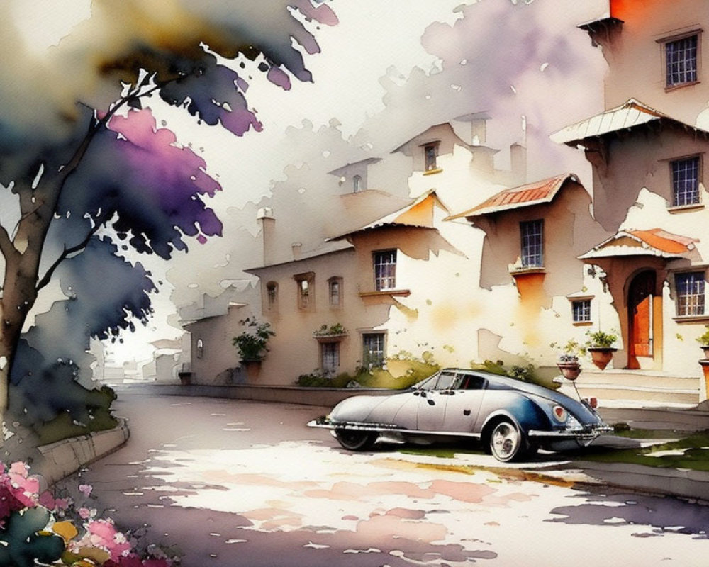 Vintage Car Watercolor Painting on Peaceful Street with Houses, Trees, and Flowers