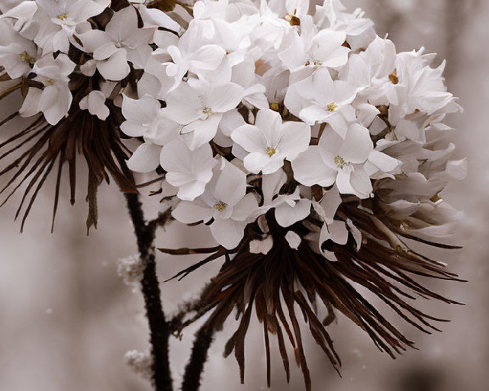 White flowers with brown stem on soft bokeh background in earthy tones