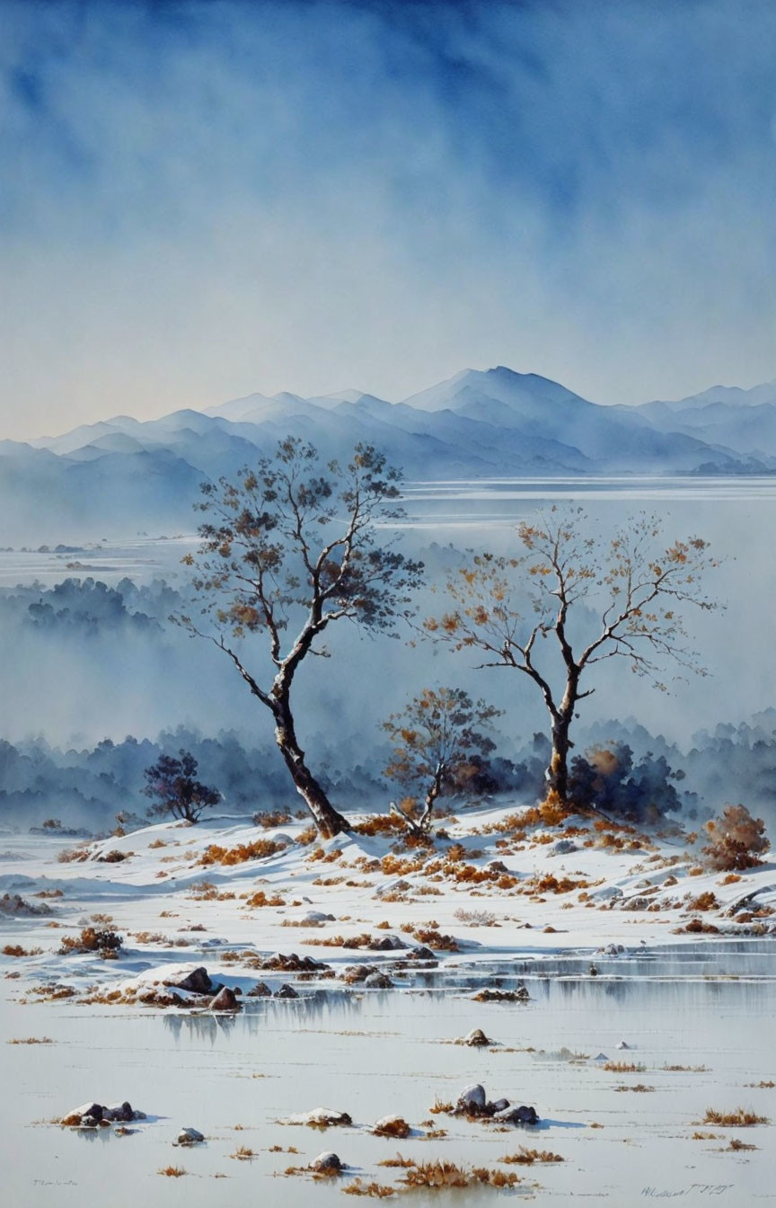 Snowy landscape watercolor painting with two trees, mountains, and foggy atmosphere