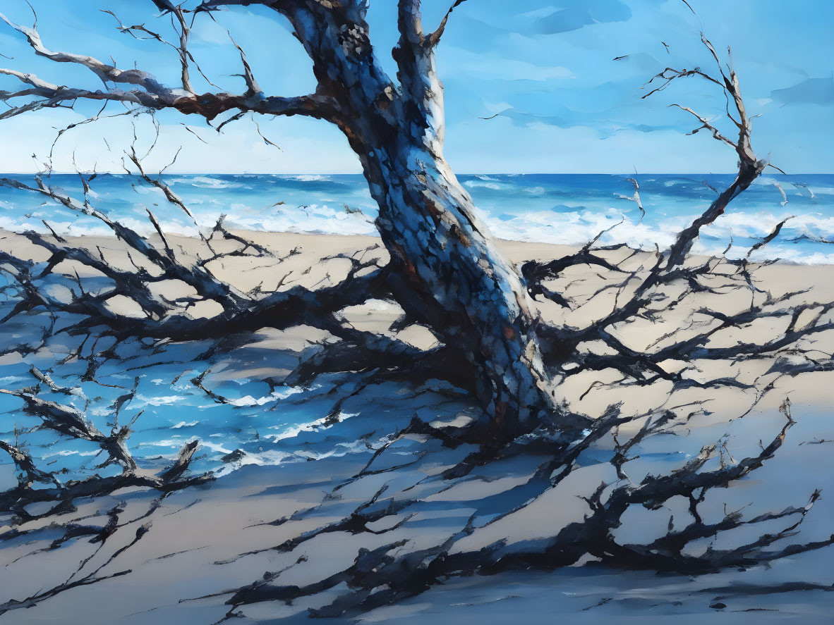 Bare Branches of Gnarled Tree on Sandy Beach with Waves