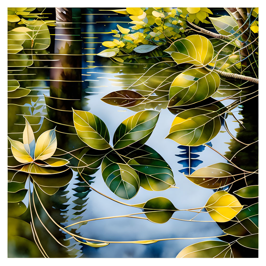 Detailed green and yellow leaf illustration on water reflection backdrop