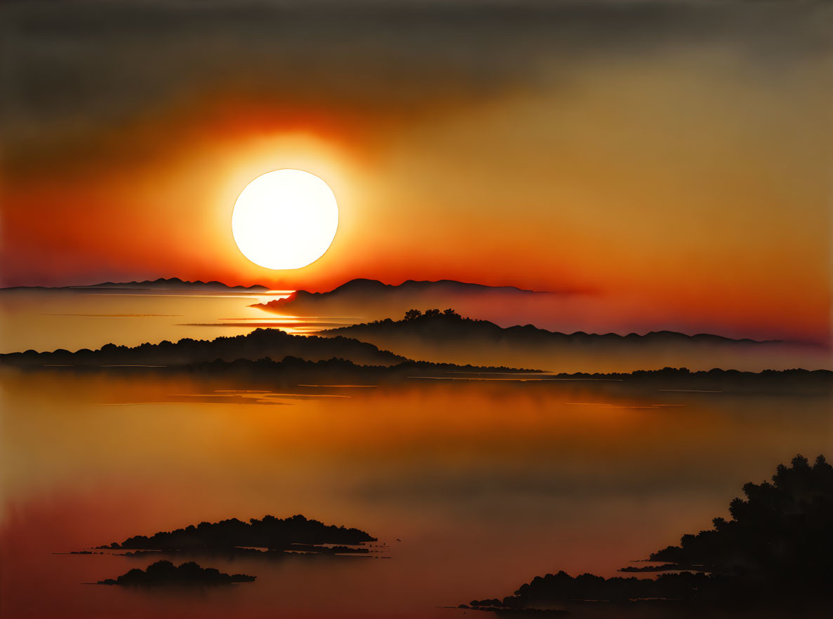 Tranquil sunset scene over misty hills and calm water