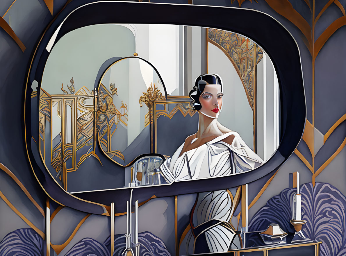 Art Deco Style Illustration of Elegant Woman in Mirror