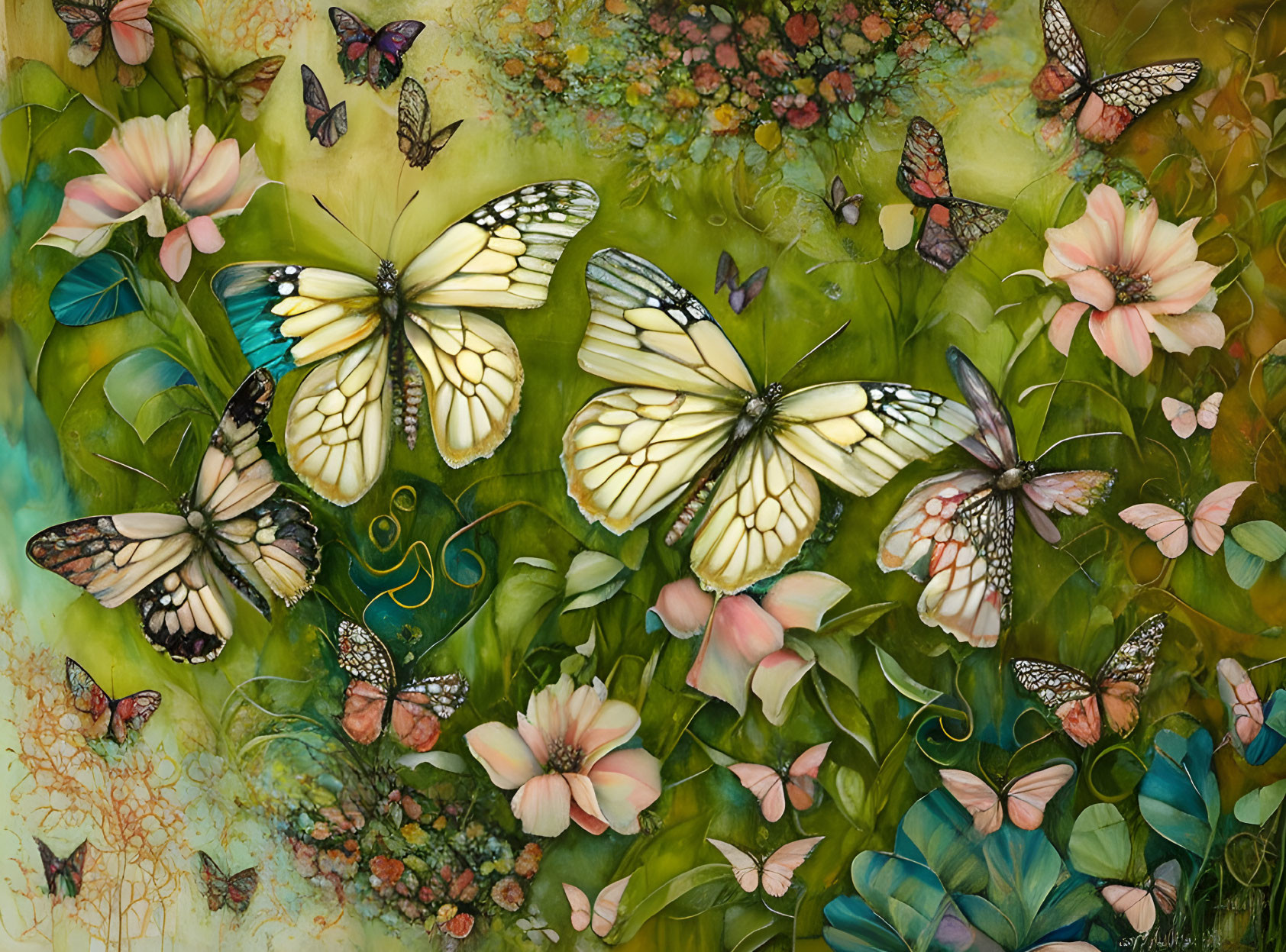 Colorful Butterflies Fluttering Around Blossoming Flowers on Vibrant Background