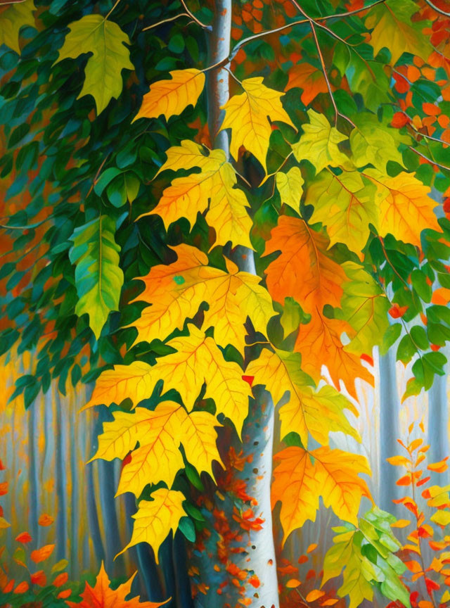 Colorful autumn tree painting in lush forest setting