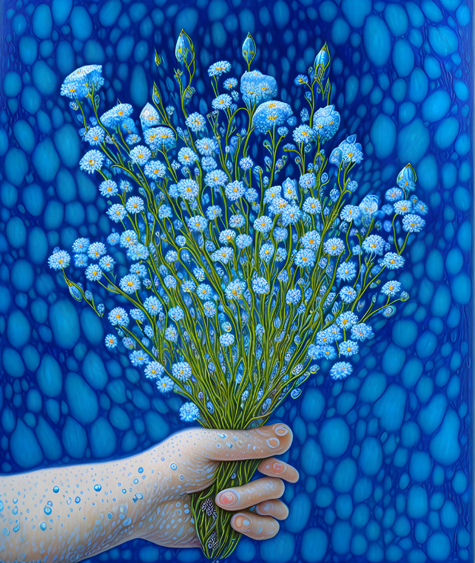 Bouquet of white flowers held against blue background with water droplet details