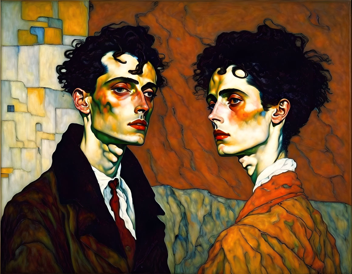 Vibrant portrait of two people with exaggerated features and bold brushwork