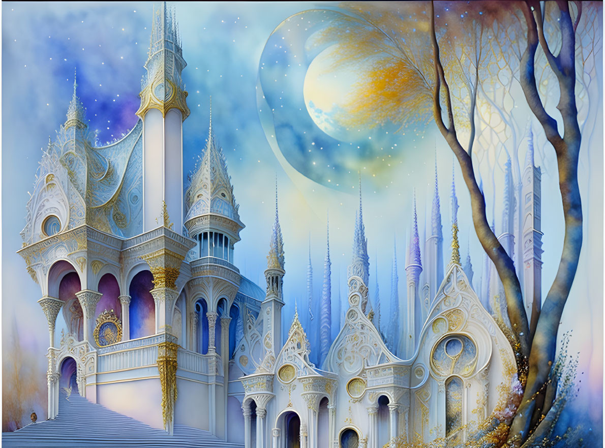 Fantasy castle with spires under starry sky next to autumn to winter forest