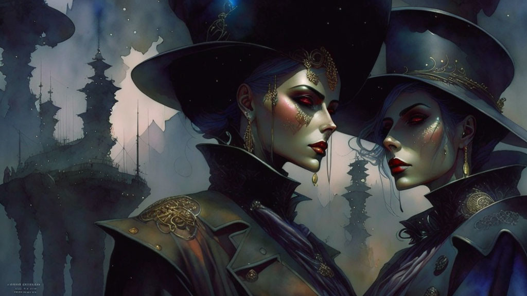 Stylized female figures with metallic skin and elaborate hats in misty forest landscape