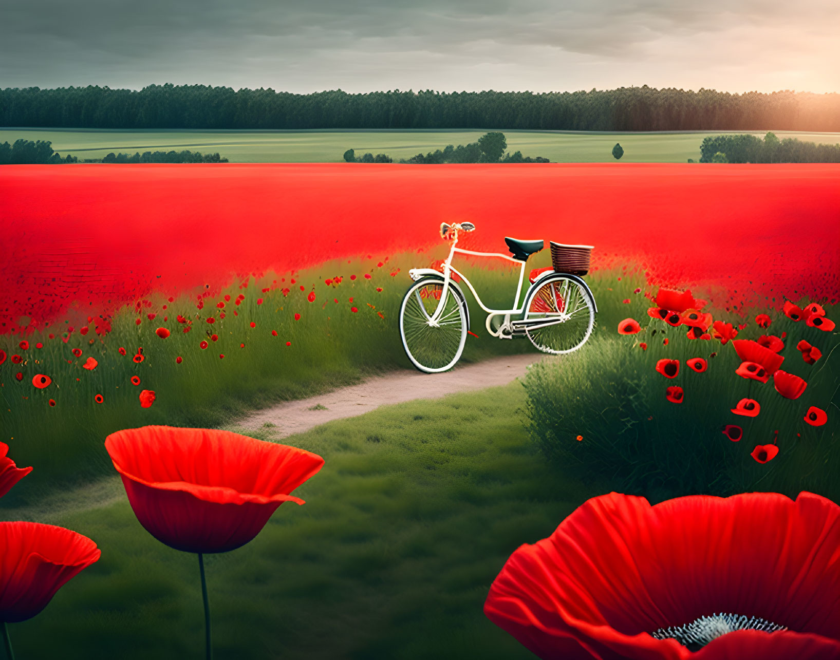 White Bicycle in Vibrant Red Poppy Field at Dusk