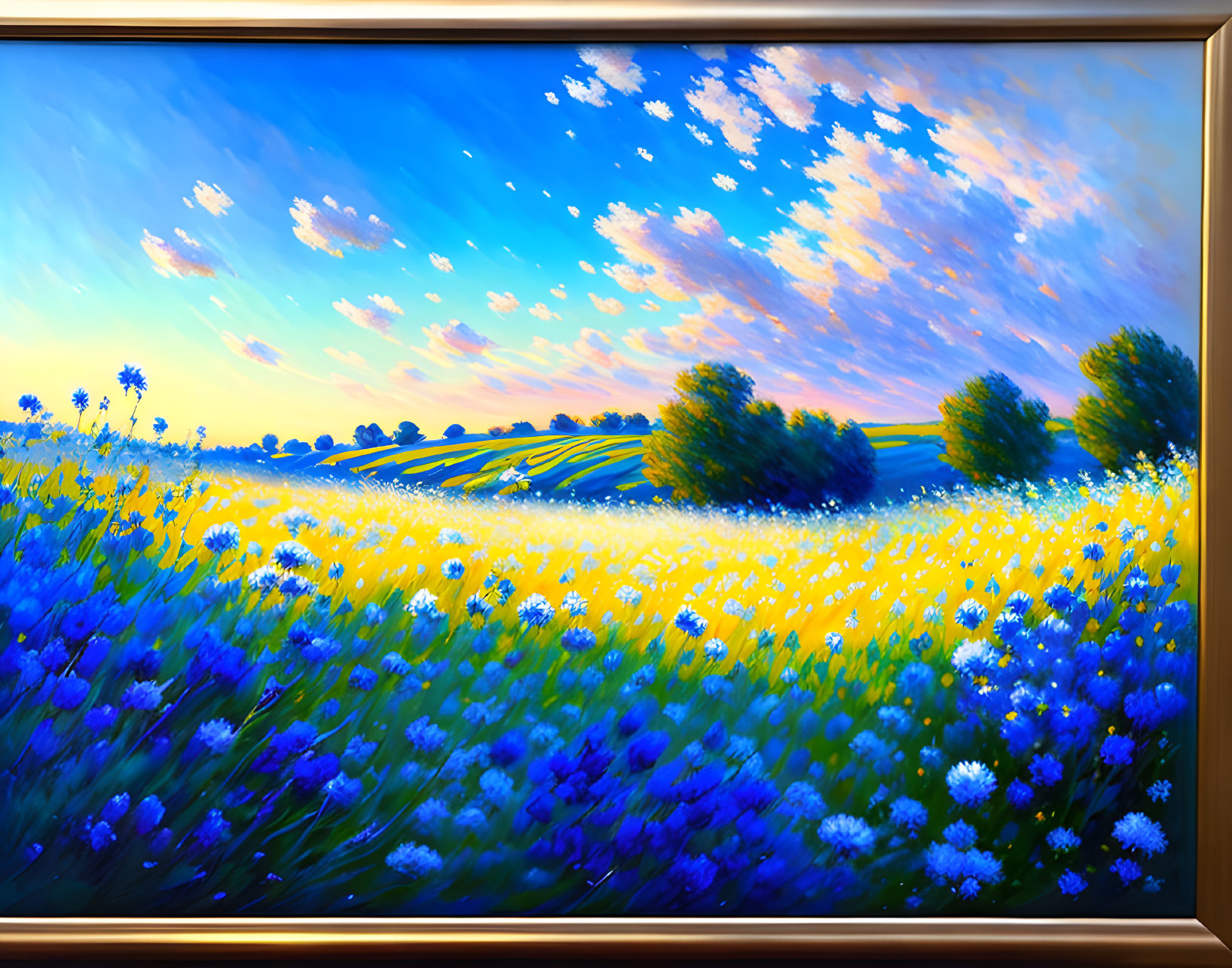 Colorful Field Painting with Yellow Flowers and Blue Sky at Sunrise/Sunset