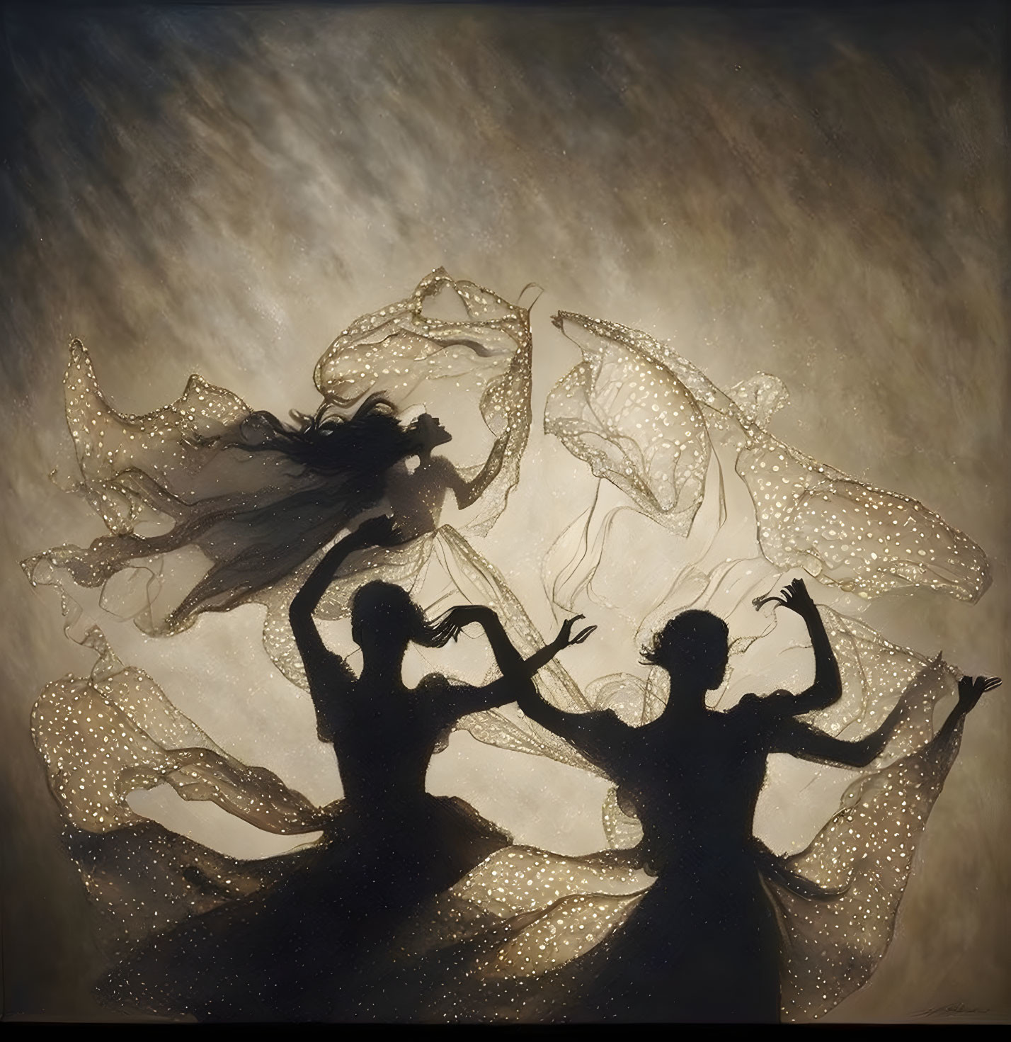 Silhouetted figures in flowing dresses dancing elegantly