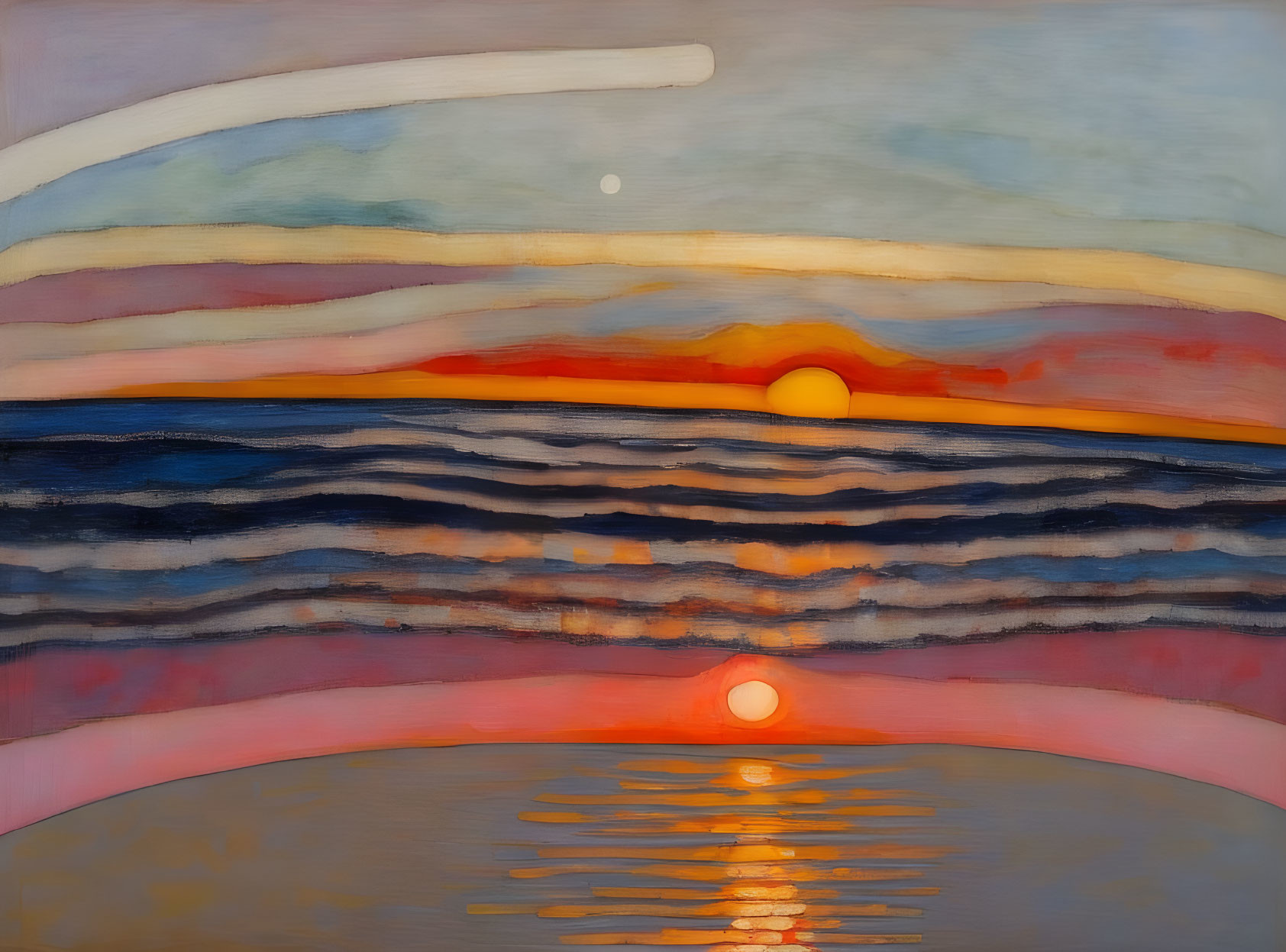 Sunset painting with multiple suns reflected on wavy water in warm colors