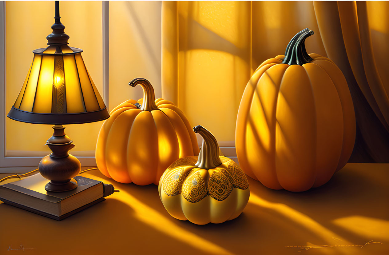 Cozy room with table lamp, pumpkins, and sunlight through window