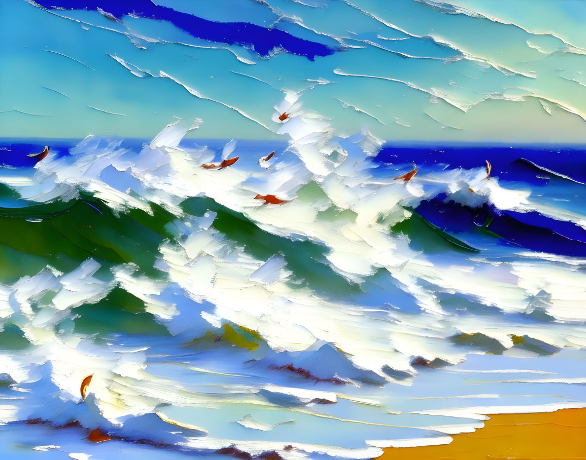 Dynamic brushstrokes depict rough sea in vivid oil painting