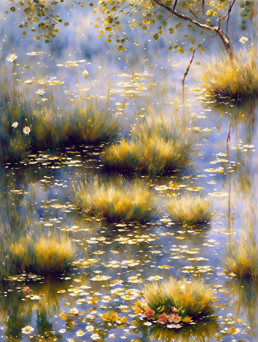 Tranquil water scene with blooming flowers and greenery