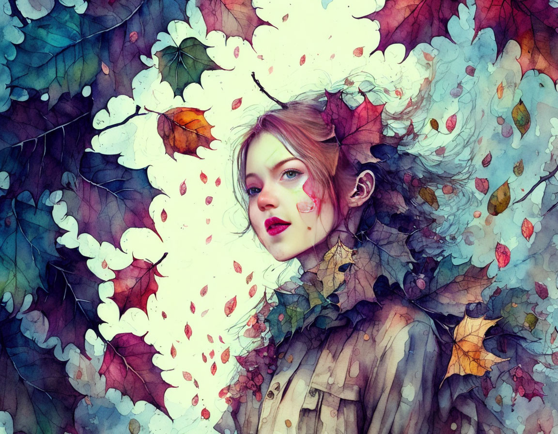 Contemplative female figure merged with vibrant autumn leaves.