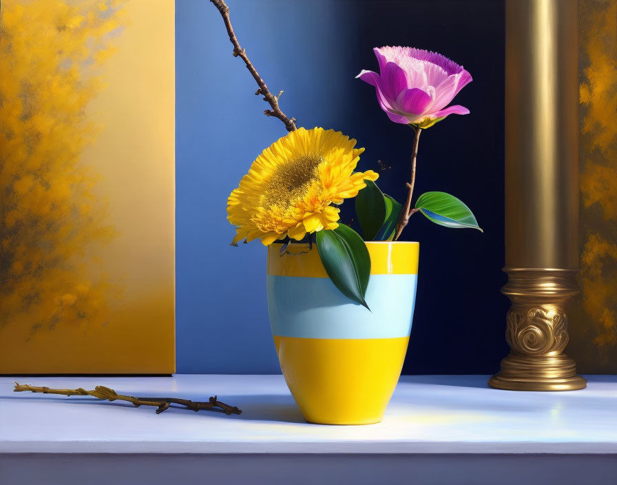 Colorful Striped Vase and Flowers with Brass Candlestick on Blue and Yellow Background