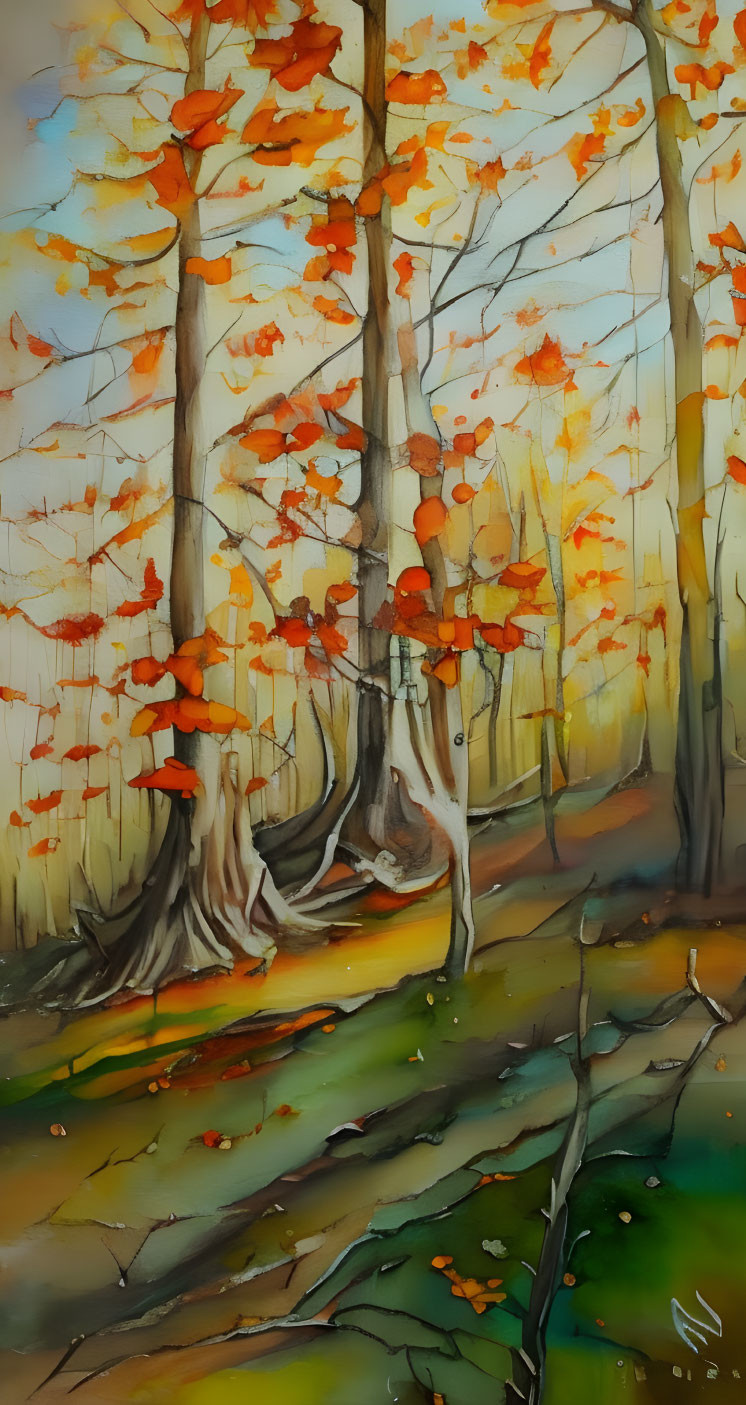 Colorful autumn trees painting on yellow background