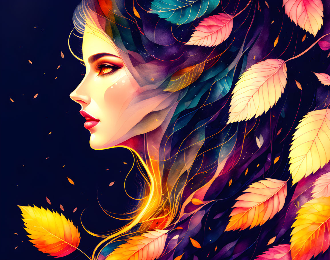 Colorful digital artwork: Woman's profile with autumn leaves in hair