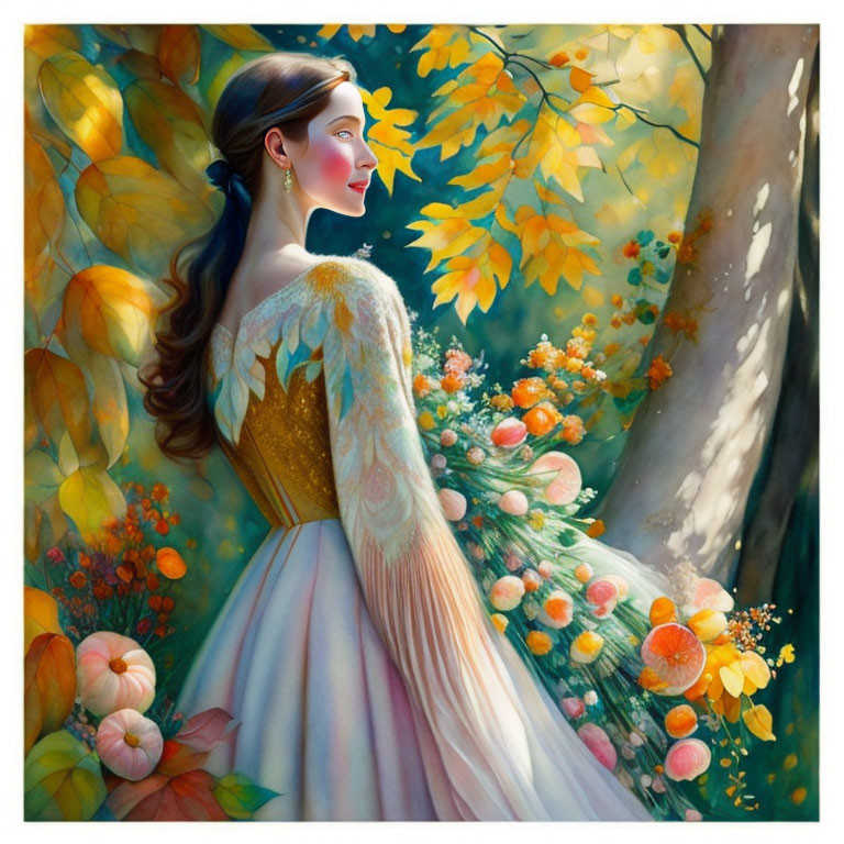 Woman in elegant gown surrounded by vibrant autumn foliage