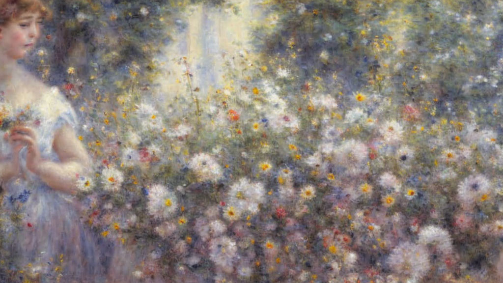 Impressionist painting: Woman surrounded by colorful flowers in dreamlike garden.