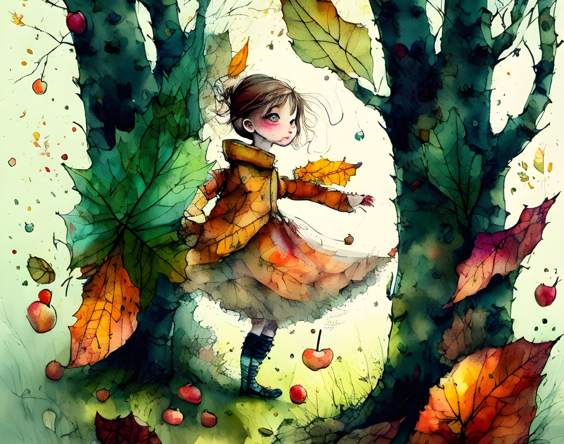 Child dancing in autumn leaves with apples in whimsical illustration