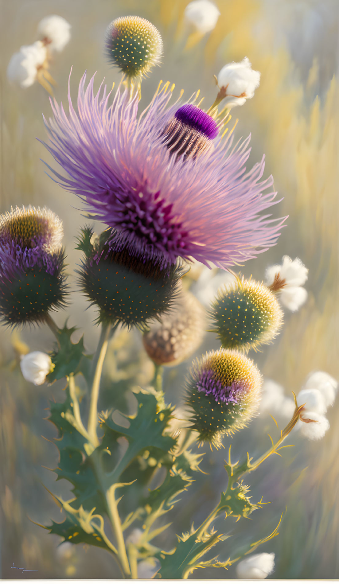 Detailed Purple Thistle Among Soft Flora Illustration