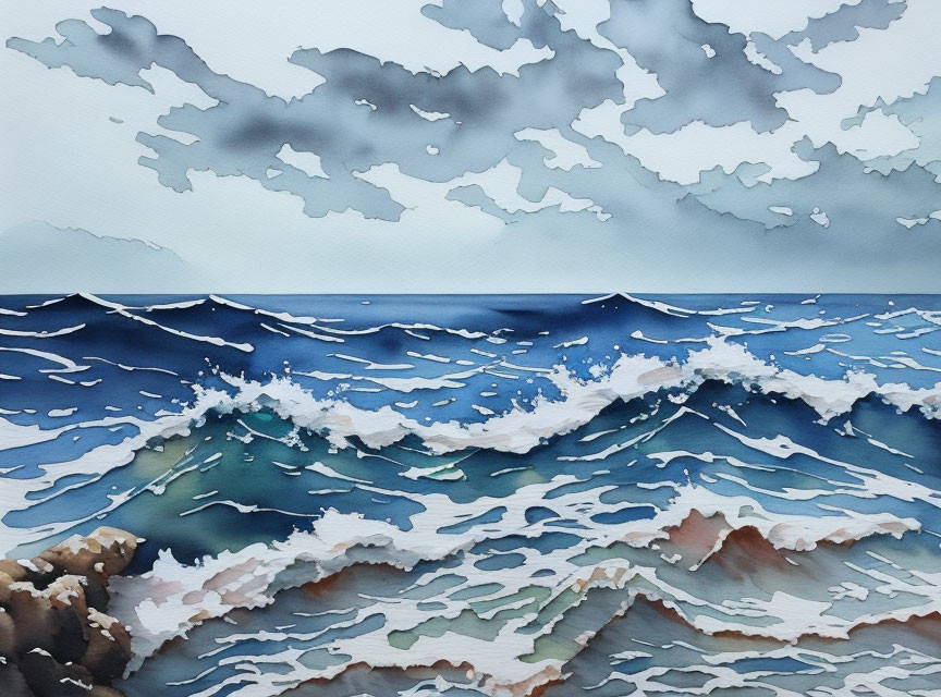 Turbulent sea waves in watercolor painting with frothy crests and rocky shoreline