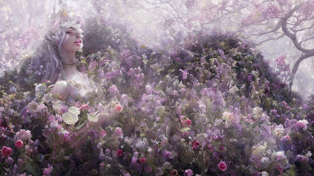 Fairy-like figure in misty garden surrounded by purple and pink flowers