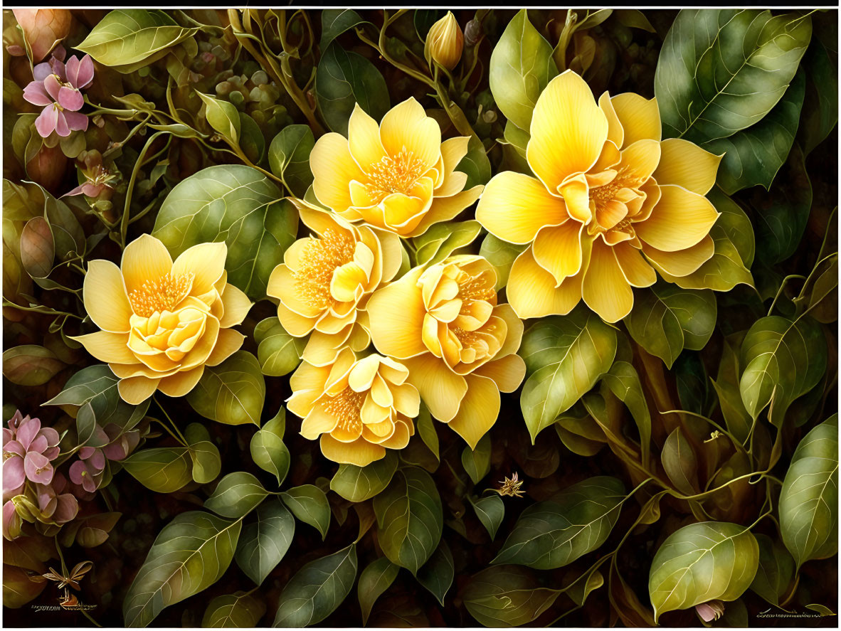 Detailed Yellow Flowers with Green Leaves on Dark Background