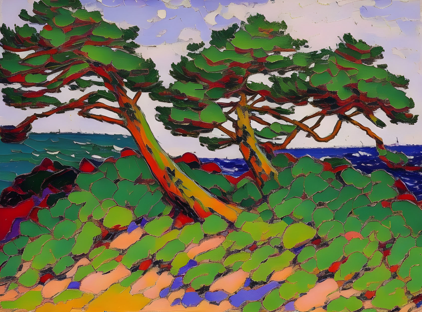 Stylized pine trees on rocky shore with vibrant colors