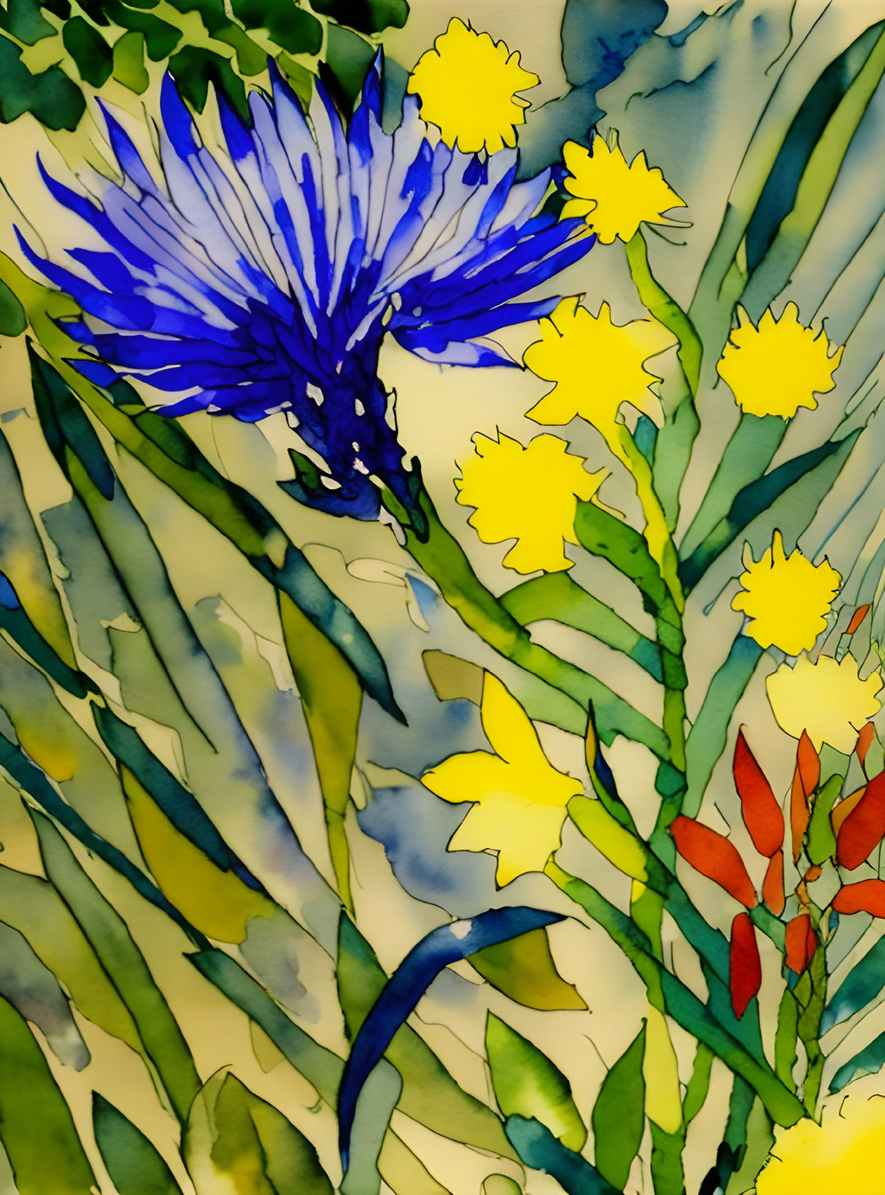 Vibrant Blue and Yellow Flowers Watercolor Painting