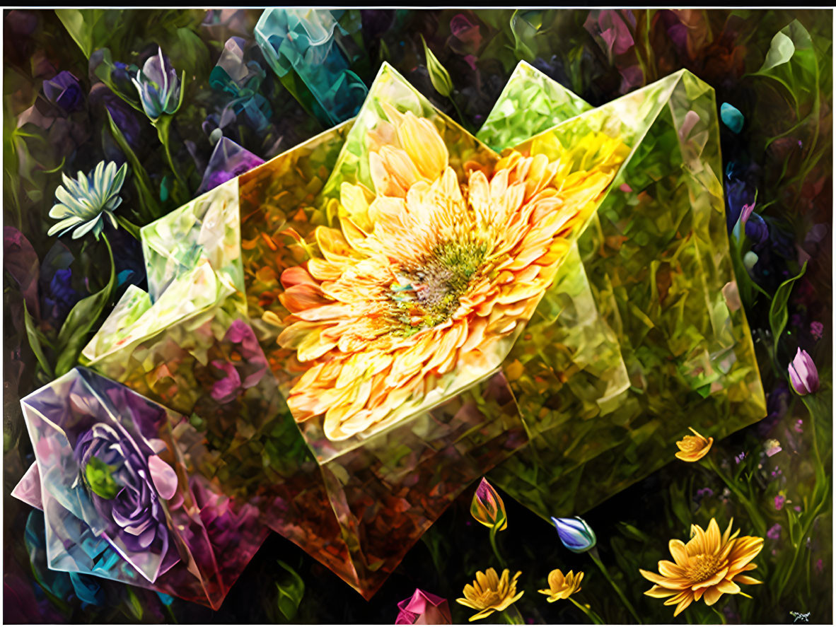 Colorful digital artwork: central yellow flower in geometric shapes on abstract floral backdrop