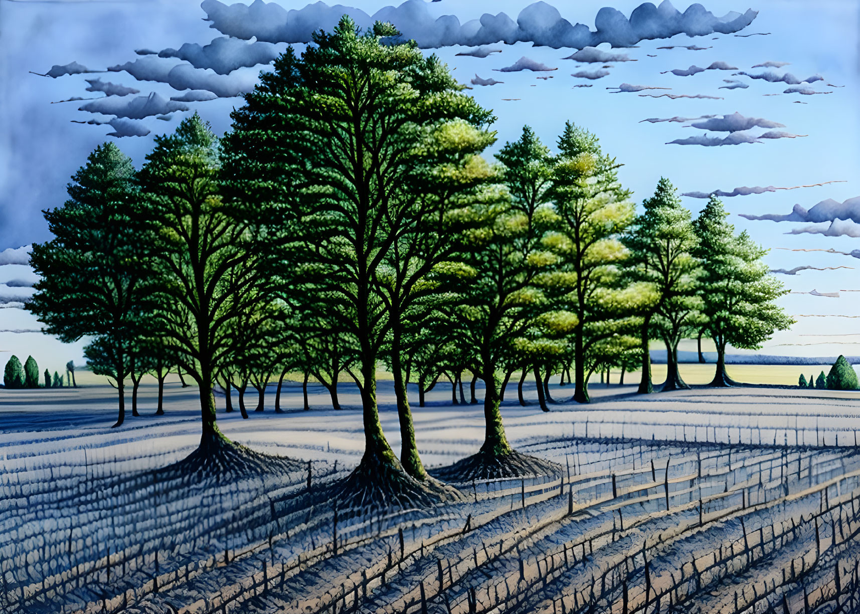 Symmetrical trees casting shadows on patterned landscape under cloudy sky