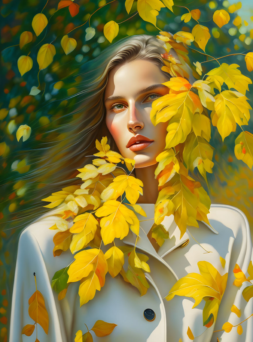 Woman's portrait with flowing hair and autumn leaves in white coat