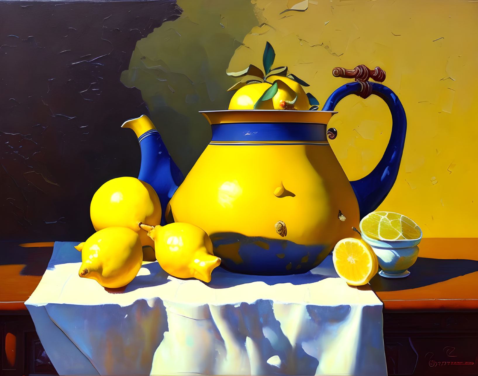 Colorful Still Life Painting with Yellow Teapot and Lemons