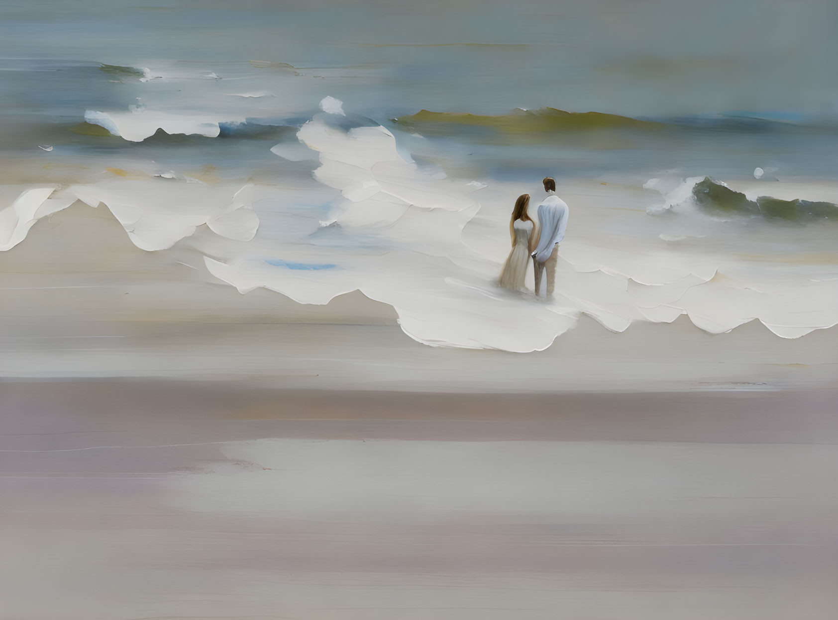 Couple admires beach scene with abstract waves in soft colors