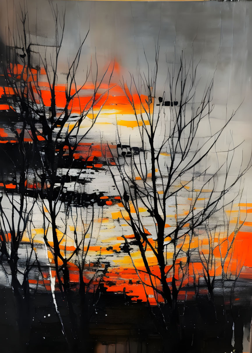 Vibrant orange and black abstract sunset painting with silhouetted trees