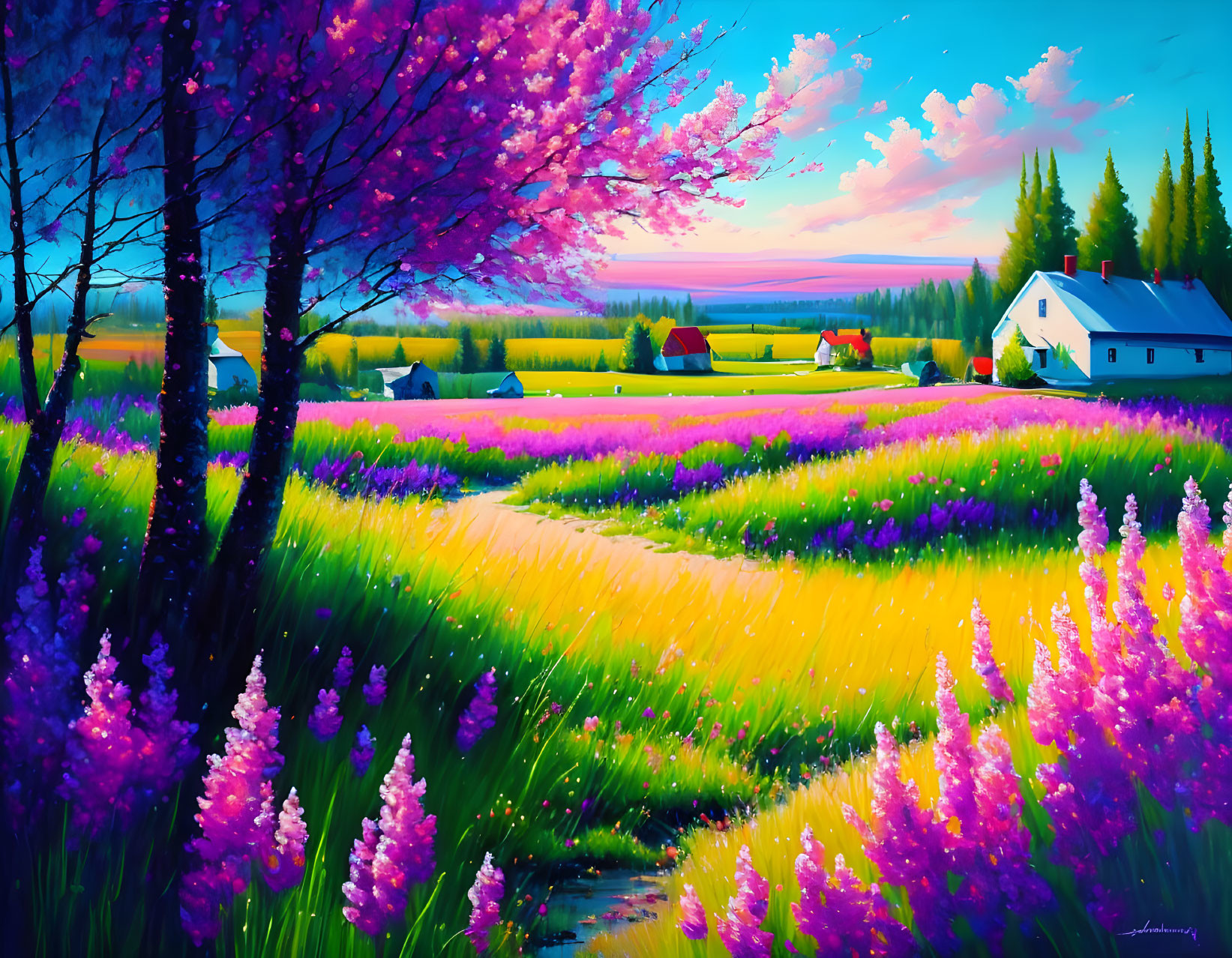 Scenic landscape painting with cottage, blooming tree, and colorful fields