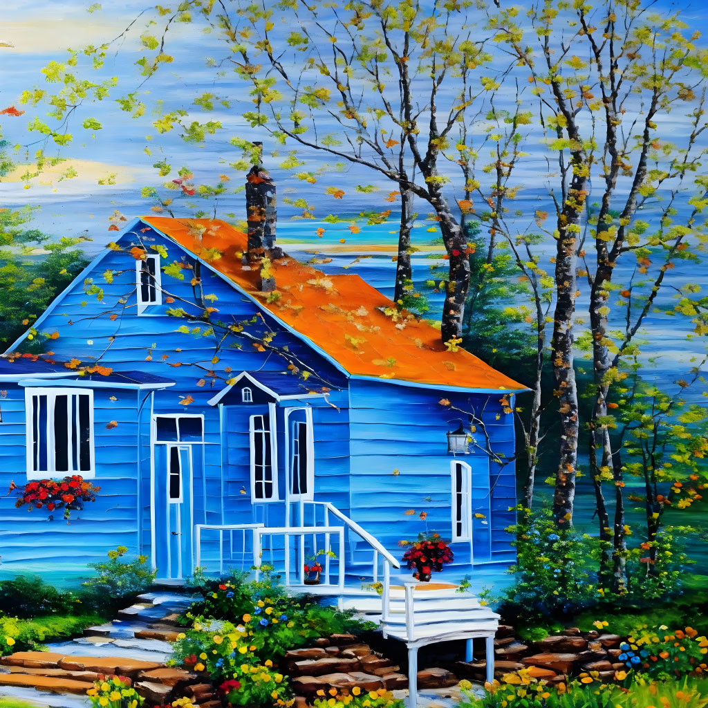 Colorful painting of blue house, red roof, autumn trees, stone path, and bright flowers