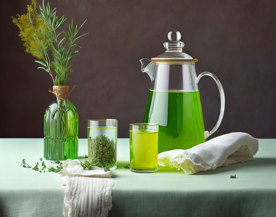 Glass Teapot with Green Liquid, Cup, Yellow Flowers in Vase, and Herbs on Table