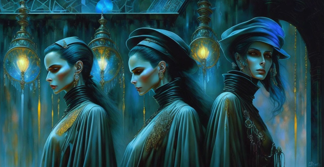 Three stern women in gothic attire with blue lanterns and ornate architecture.